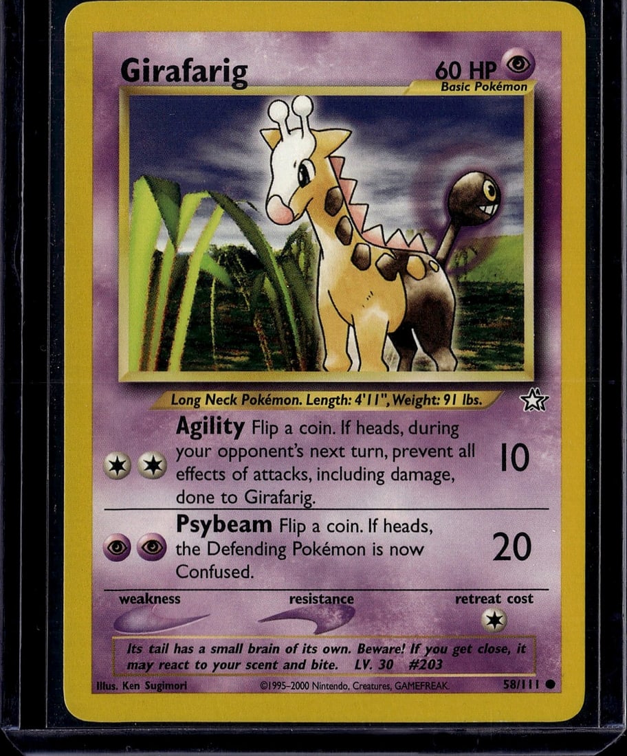 Girafarig 58/111 Neo Genesis Pokemon Card: This is a vintage Girafarig Pokemon Trading Card from the Neo Genesis set, card #58/111, originally released in 2000. The card features the Long Neck Pokemon with its iconic two-headed design. This