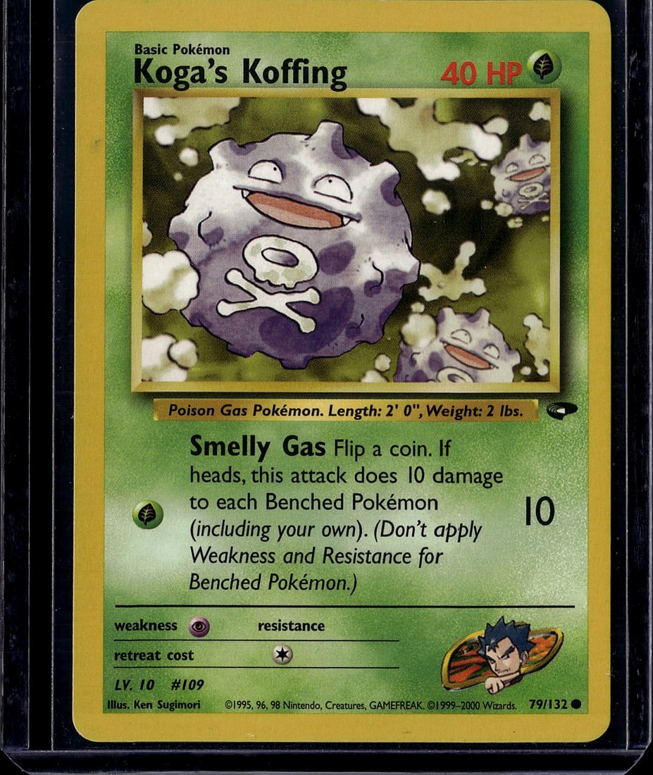 Koga's Koffing 79/132 Base Set Pokemon Card 1999: This is an ungraded Koga's Koffing Pokemon Trading Card from the classic 1999 Base Set, card number 79/132. Illustrated by Ken Sugimori, this Grass-type Basic Pokemon features the iconic Poison Gas