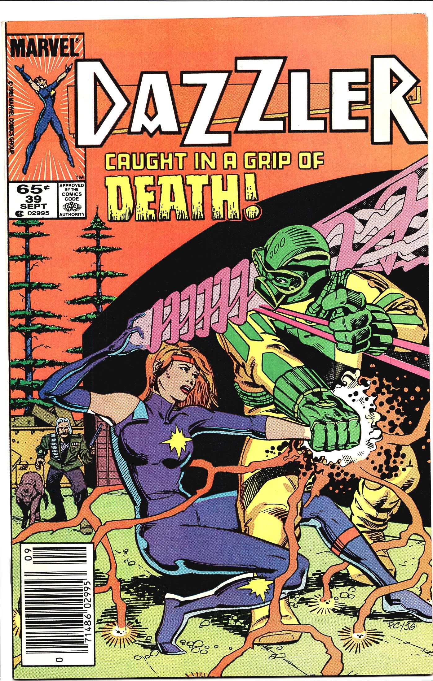 Dazzler #39 Marvel Comics Sept 1985 Caught in a: This is Dazzler #39 published by Marvel Comics Group, dated September 1985, priced at 65 cents on the cover. The issue is titled 'Caught in a Grip of Death!' and features Dazzler in her signature blue