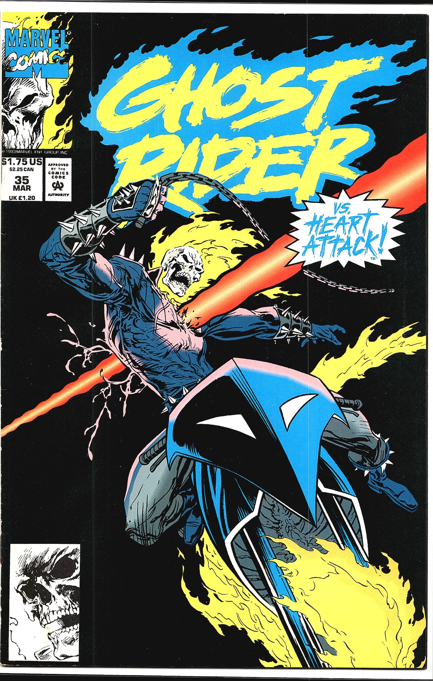 1993 Marvel Ghost Rider #35 Newsstand Comic Card: Ghost Rider #35 published by Marvel Comics, cover dated March 1993, priced at $1.75 US / $2.25 CAN / 1.20 UK. This issue features Ghost Rider facing off against Heart Attack, as noted in the burst cal