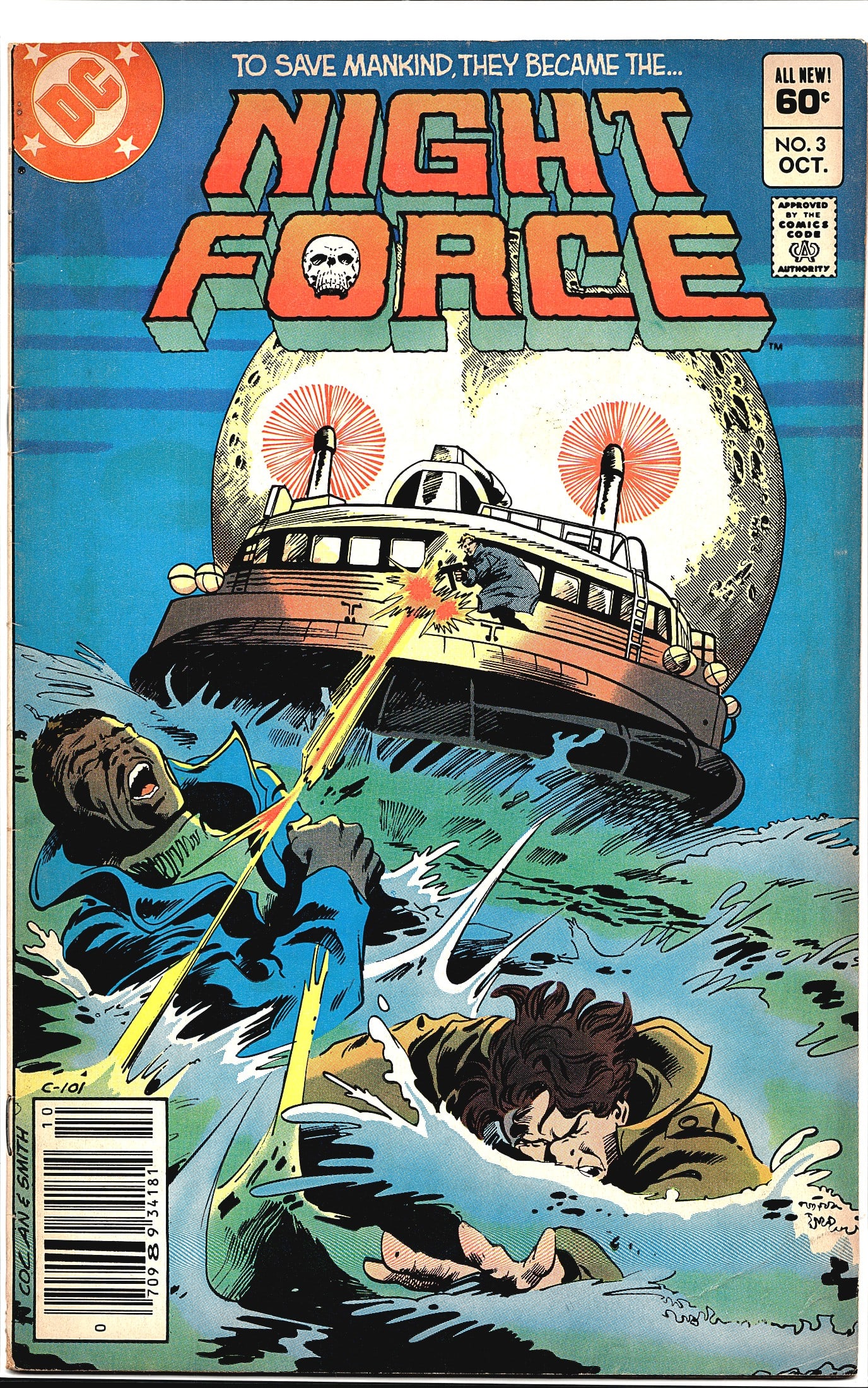 1982 DC Comics Night Force #3 Newsstand Comic: Night Force #3, published by DC Comics in October 1982, priced at 60 cents on the cover. This issue features dramatic cover art depicting two figures struggling in water while a large vessel looms beh