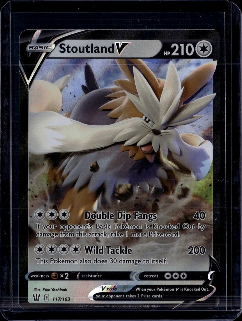 2021 Pokemon Battle Styles Stoutland V 117/163: This is a Stoutland V Basic Pokemon card from the 2021 Sword & Shield expansion set, card number 117/163. The card features stunning artwork by Eske Yoshinob and displays an HP of 210. Stoutland V is 