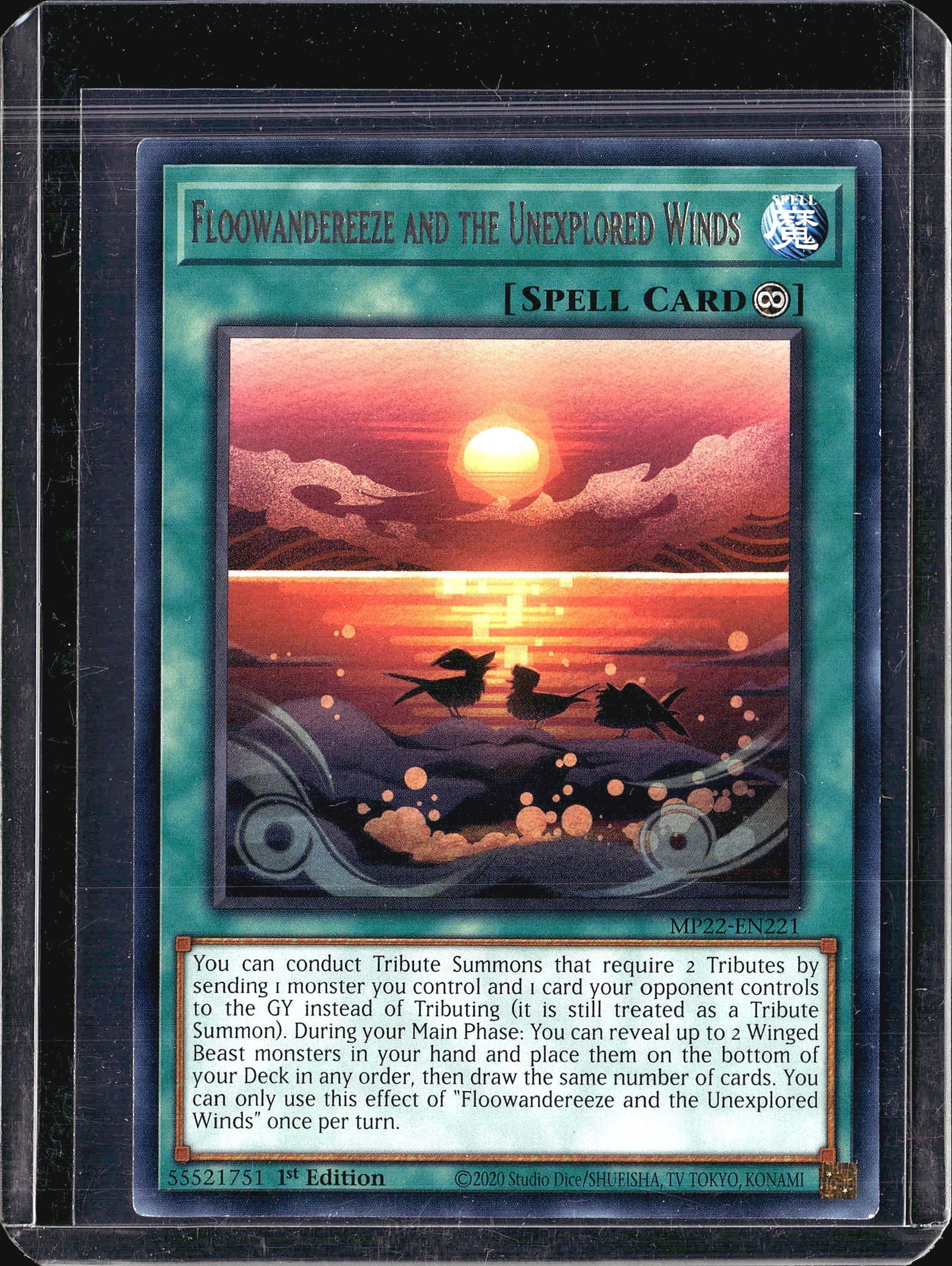 2020 Floowandereeze Unexplored Winds MP22-EN221: This listing is for a 1st Edition copy of Floowandereeze and the Unexplored Winds, a Continuous Spell Card from the Yu-Gi-Oh! 2022 Mega-Tin Mega Pack (set code MP22-EN221). The card features a scenic 