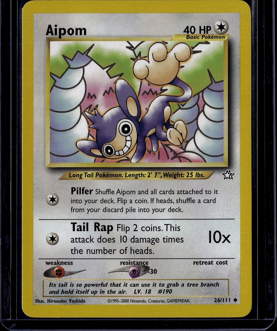 Aipom 26/111 Neo Genesis Pokemon Card 2000: This is an authentic Aipom Pokemon Trading Card from the Neo Genesis set, released in 2000. Card number 26/111, this Basic Pokemon features the iconic long-tailed primate with 40 HP. The card showcase