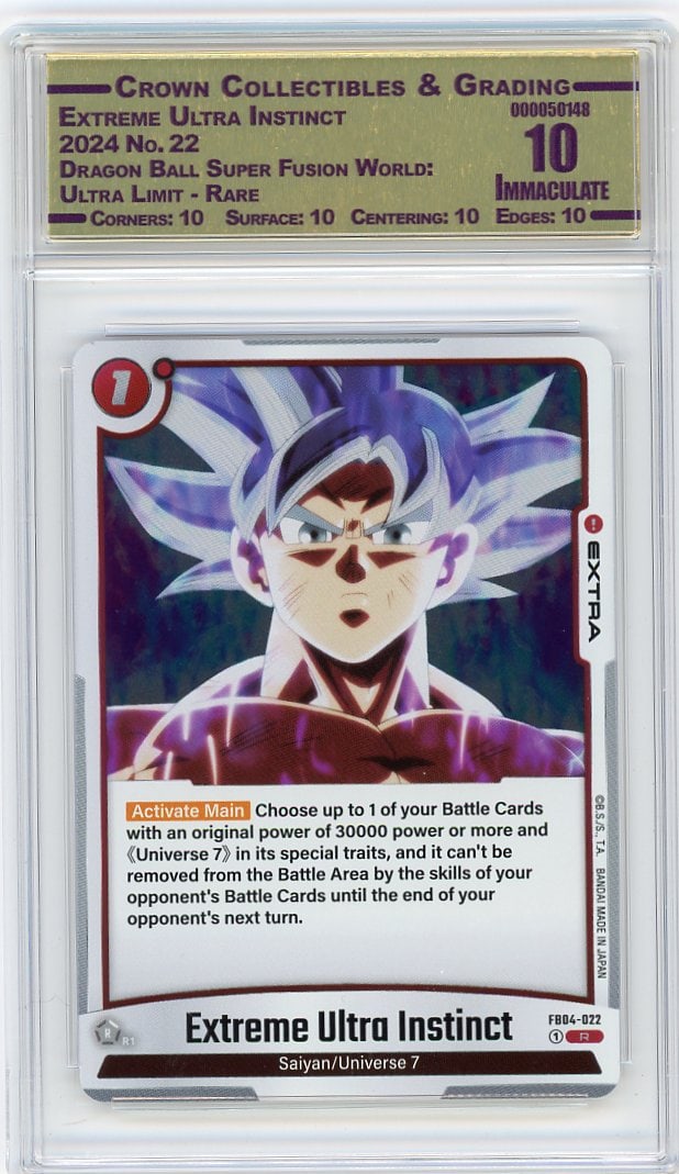 2024 Extreme Ultra Instinct #22 Dragon Ball: This is the 2024 Extreme Ultra Instinct card #22 from the Dragon Ball Super Fusion World: Ultra Limit - Rare set. A standout piece for Dragon Ball TCG enthusiasts and fusion world collectors seeking