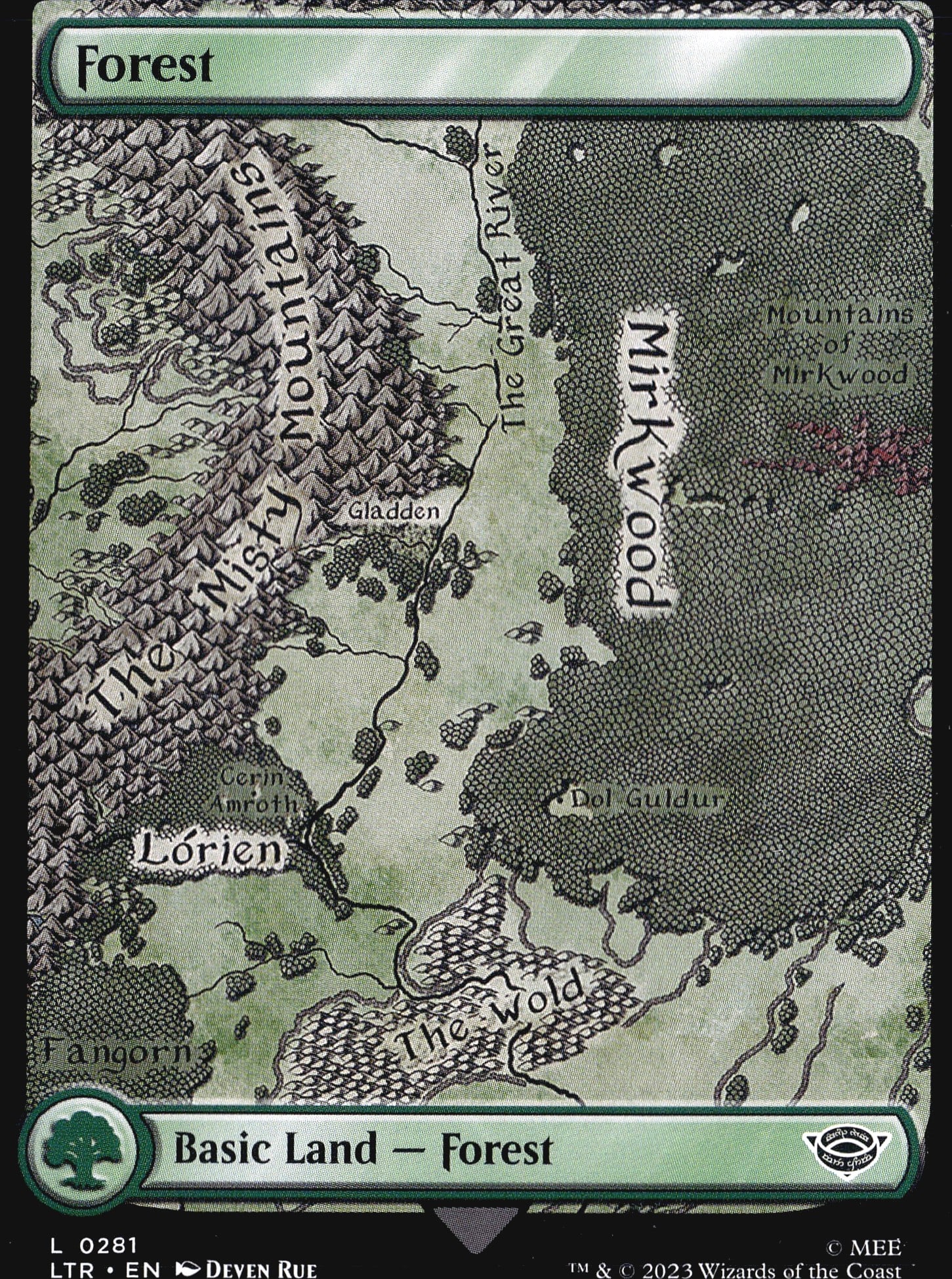 2023 Wizards of the Coast Lord of the Rings: This is a 2023 Magic: The Gathering Basic Land - Forest from the Lord of the Rings: Tales of Middle-earth set (LTR), card number L 0281. The card features a stunning full-art map illustration
