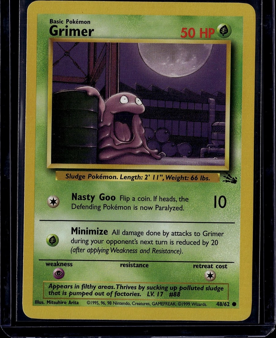 Grimer Base Set 48/62 Pokemon Card 1999 Wizards: This is an authentic 1999 Pokemon Base Set Grimer card (48/62) published by Wizards of the Coast. Grimer is a Grass-type Sludge Pokemon featuring the classic Ken Sugimori artwork in a moonlit factory 