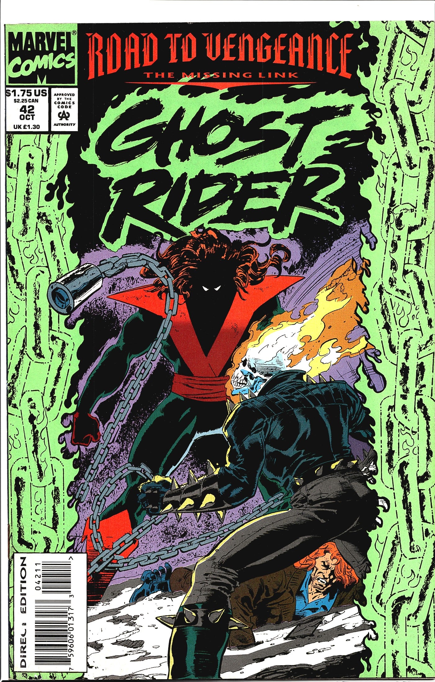 1993 Marvel Ghost Rider Vol. 2 #42 Comic Book: Ghost Rider #42 from Marvel Comics, cover dated October 1993, part of the 'Road to Vengeance: The Missing Link' storyline. The cover features a dramatic confrontation between Ghost Rider and a