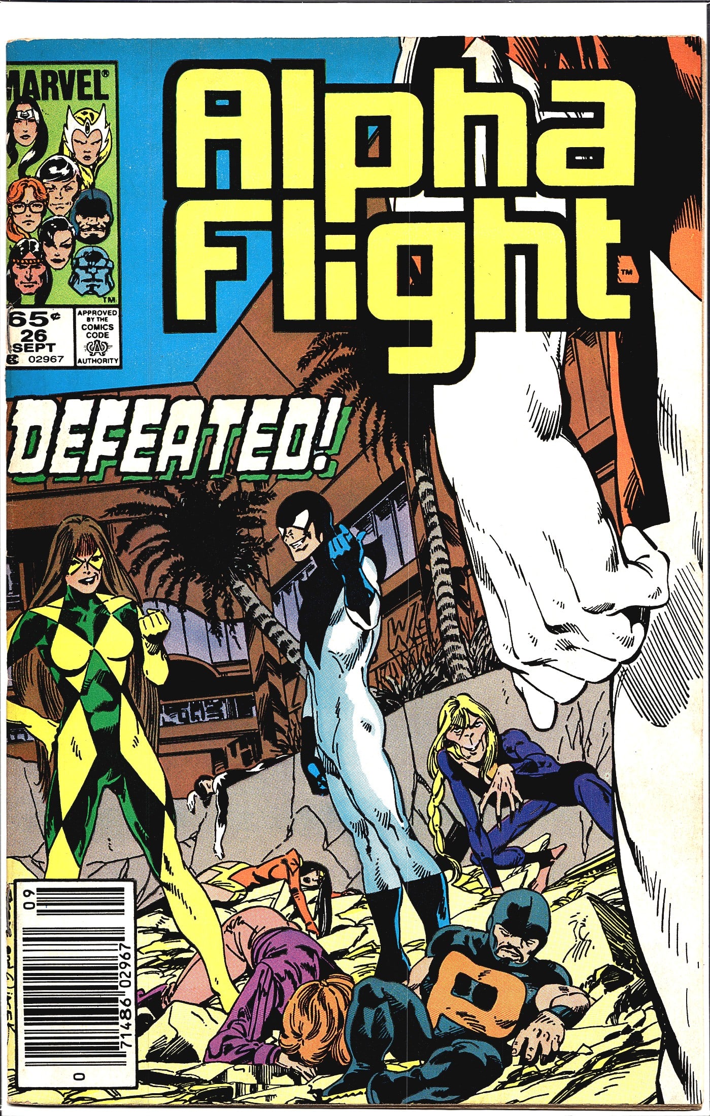 Marvel Alpha Flight 1985 #26 Comic Book Issue: Alpha Flight #26 published by Marvel Comics, cover dated September 1985, priced at 65 cents. This issue features the headline 'Defeated!' on the cover, depicting several Alpha Flight team members