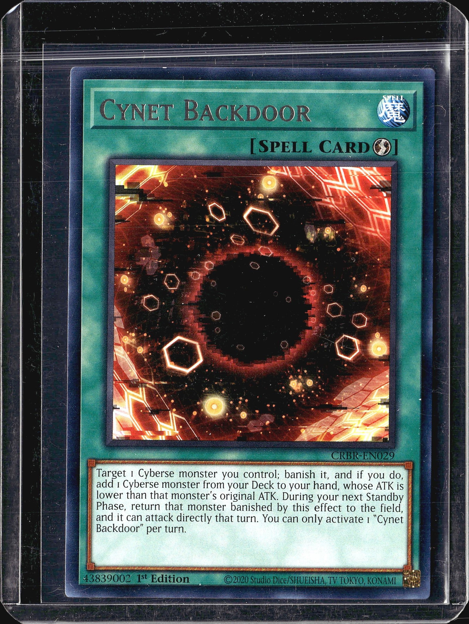 2020 Konami Crossover Breakers CRBR-EN029 1st: This listing features Cynet Backdoor, a Quick-Play Spell Card from the Yu-Gi-Oh! Trading Card Game set Crystal Revenge, card number CRBR-EN029. Printed in 2020 by Konami in association with Studio