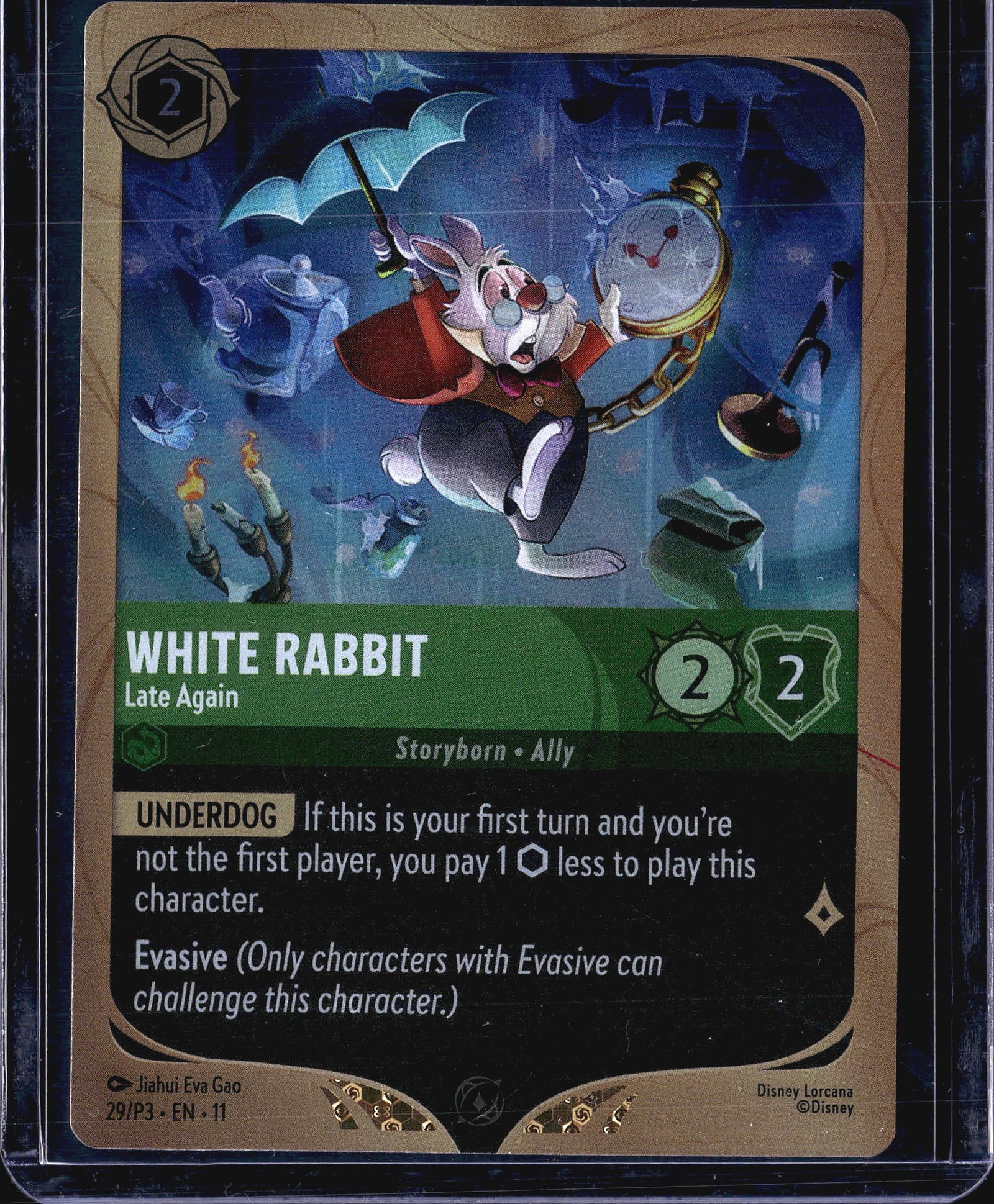2023 Disney Lorcana Winterspell League Promo: This listing features the White Rabbit - Late Again promo card from Disney Lorcana, card number 29/P3, printed in English (EN-11). The card is classified as a Storyborn Ally with an ink cost of 2, a
