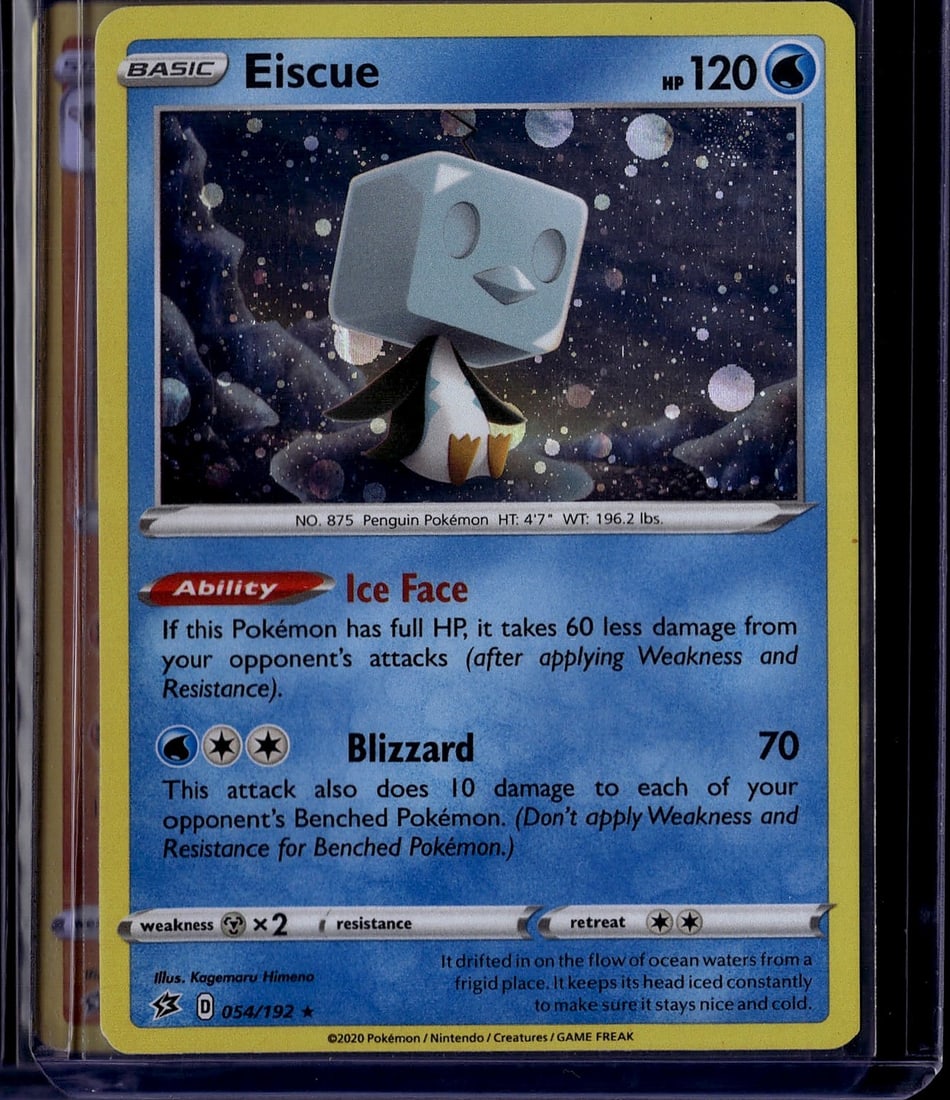 2020 Pokemon Sword & Shield Eiscue 054/192 Basic: This is a 2020 Pokemon Trading Card Game Eiscue Basic Water-type card from the Sword & Shield set, card number 054/192. Eiscue is a Penguin Pokemon with 120 HP, featuring the Ice Face ability and