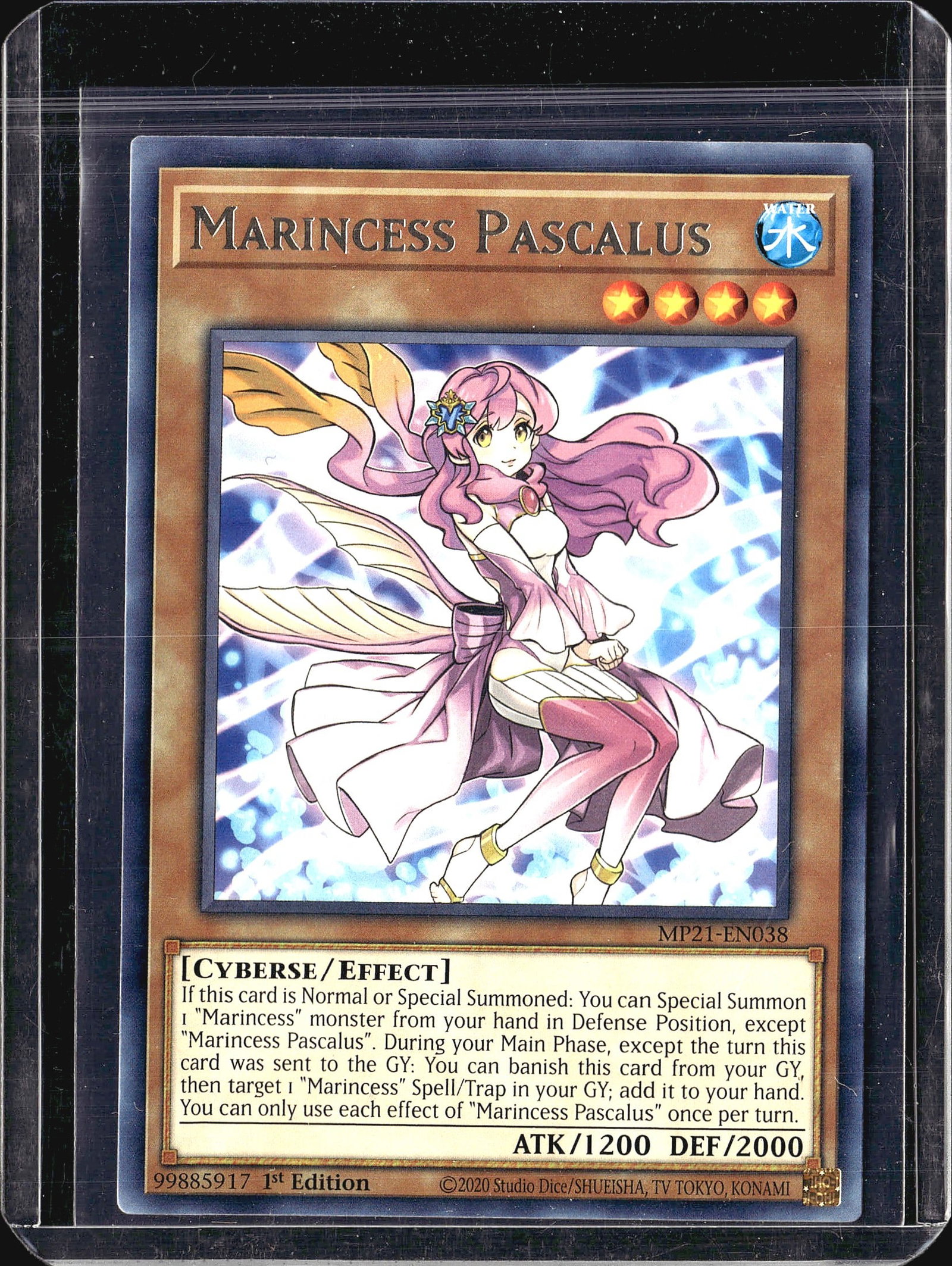 2020 Yu-Gi-Oh Marincess Pascalus MP21-EN038 1st: This listing features Marincess Pascalus (MP21-EN038), a Water-attribute Cyberse/Effect monster from the 2021 Tin of Ancient Battles (Mega Pack) release. The card is a 1st Edition printing as