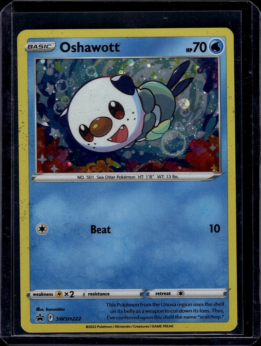 Oshawott #501 Pokemon Card Sword Shield 2022 Sea: This is a raw Oshawott Pokemon trading card from the Sword & Shield era, released in 2022 by Pokemon/Nintendo/Game Freak. The card features NO. 501, a Basic Sea Otter Pokemon with 70 HP and