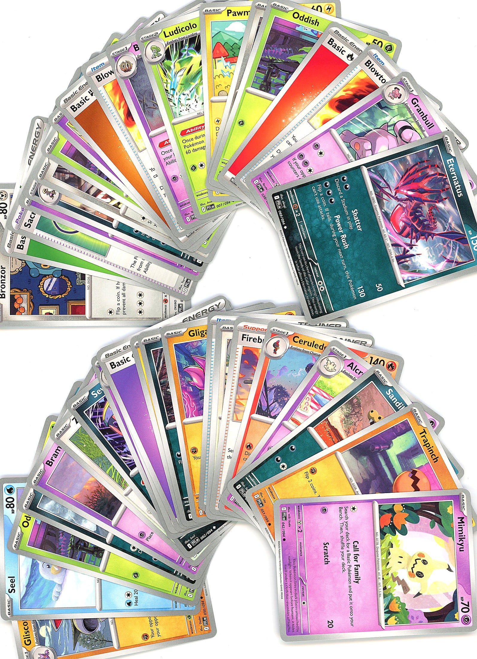Large Lot Modern Pokemon Trading Cards TCG Bulk: This bulk lot contains approximately 50+ modern-era Pokemon trading cards in mixed conditions, featuring non-holographic finishes. The cards span multiple recent sets and include both common and