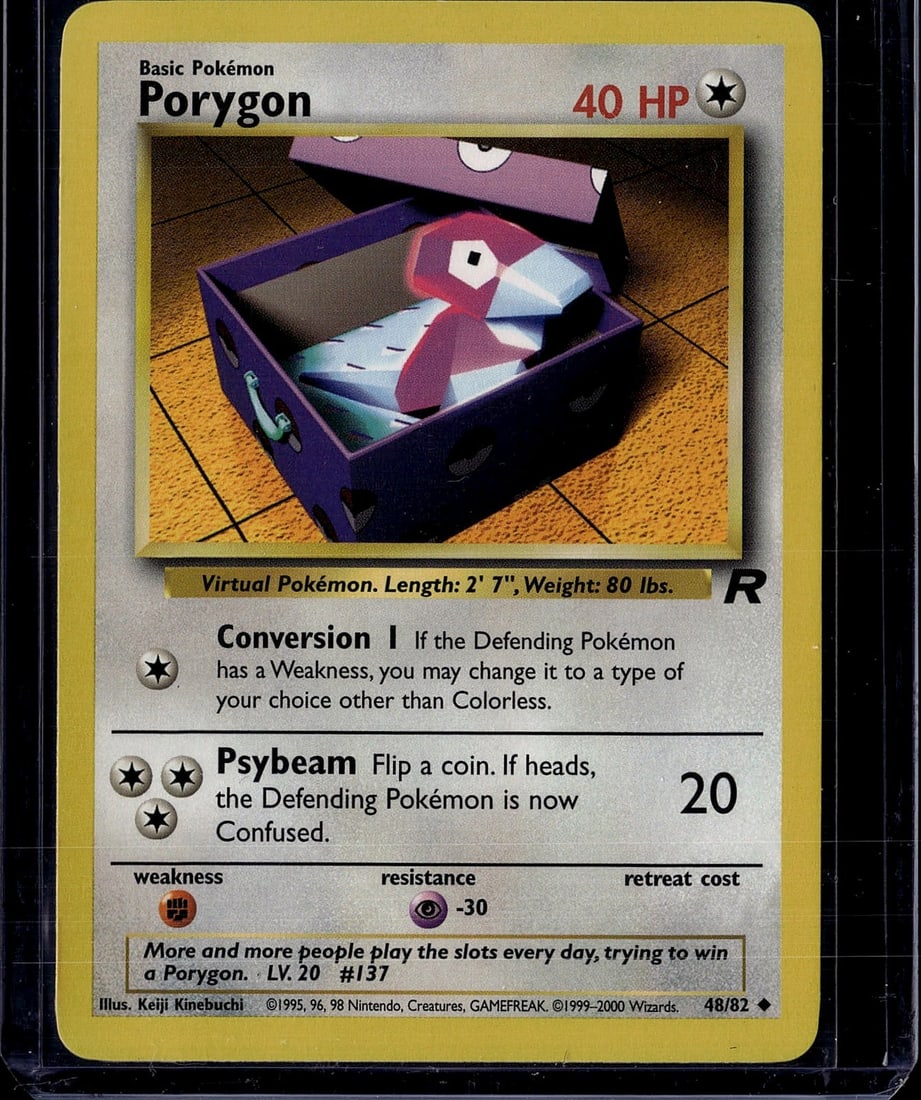 Porygon 48/82 Base Set Pokemon Card 1999: This is an ungraded Porygon Pokemon Trading Card from the iconic Base Set, released in 1999 by The Pokemon Company. Card number 48/82, this Basic Pokemon features the Virtual Pokemon with 40 HP and a