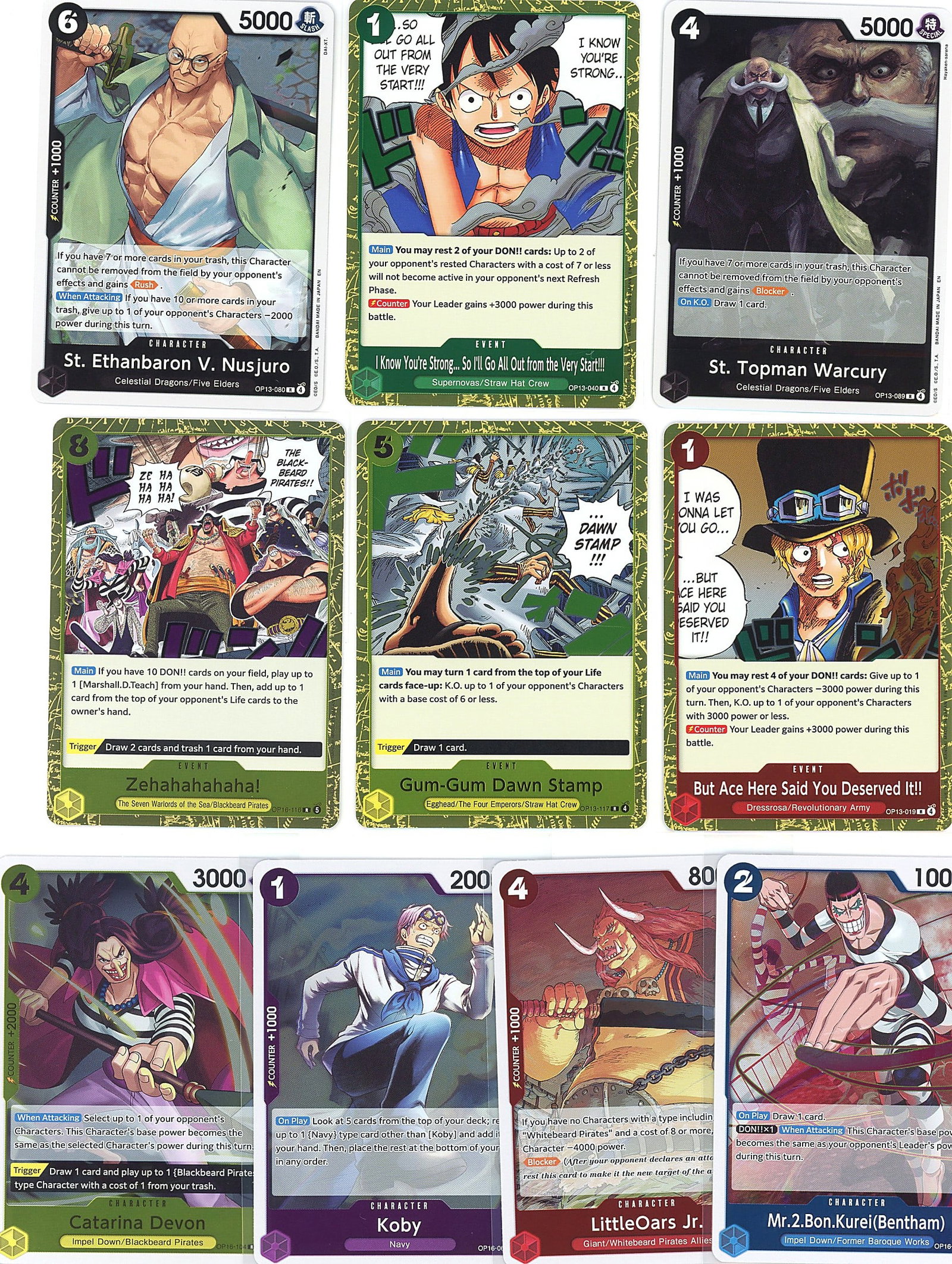 10-Card Lot Modern One Piece Holo Trading Cards: This lot contains 10 holographic One Piece trading cards from the Bandai One Piece Card Game. The image shows a selection of character cards featuring various protagonists and antagonists from the