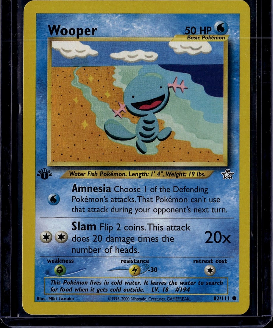 Wooper 82/111 Neo Genesis Pokemon Card 2000: This is an original 2000 Wooper Pokemon Trading Card from the Neo Genesis set, card number 82/111. The card features the iconic water fish Pokemon with vibrant artwork by Miki Tanaka, showing Wooper