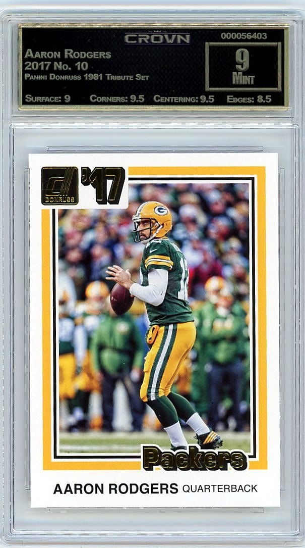 2017 Aaron Rodgers Panini Donruss 1981 Tribute: This is a 2017 Aaron Rodgers card from the Panini Donruss 1981 Tribute Set, card number 10. The 1981 Tribute Set is a nostalgic homage to classic card designs, and this particular Rodgers card