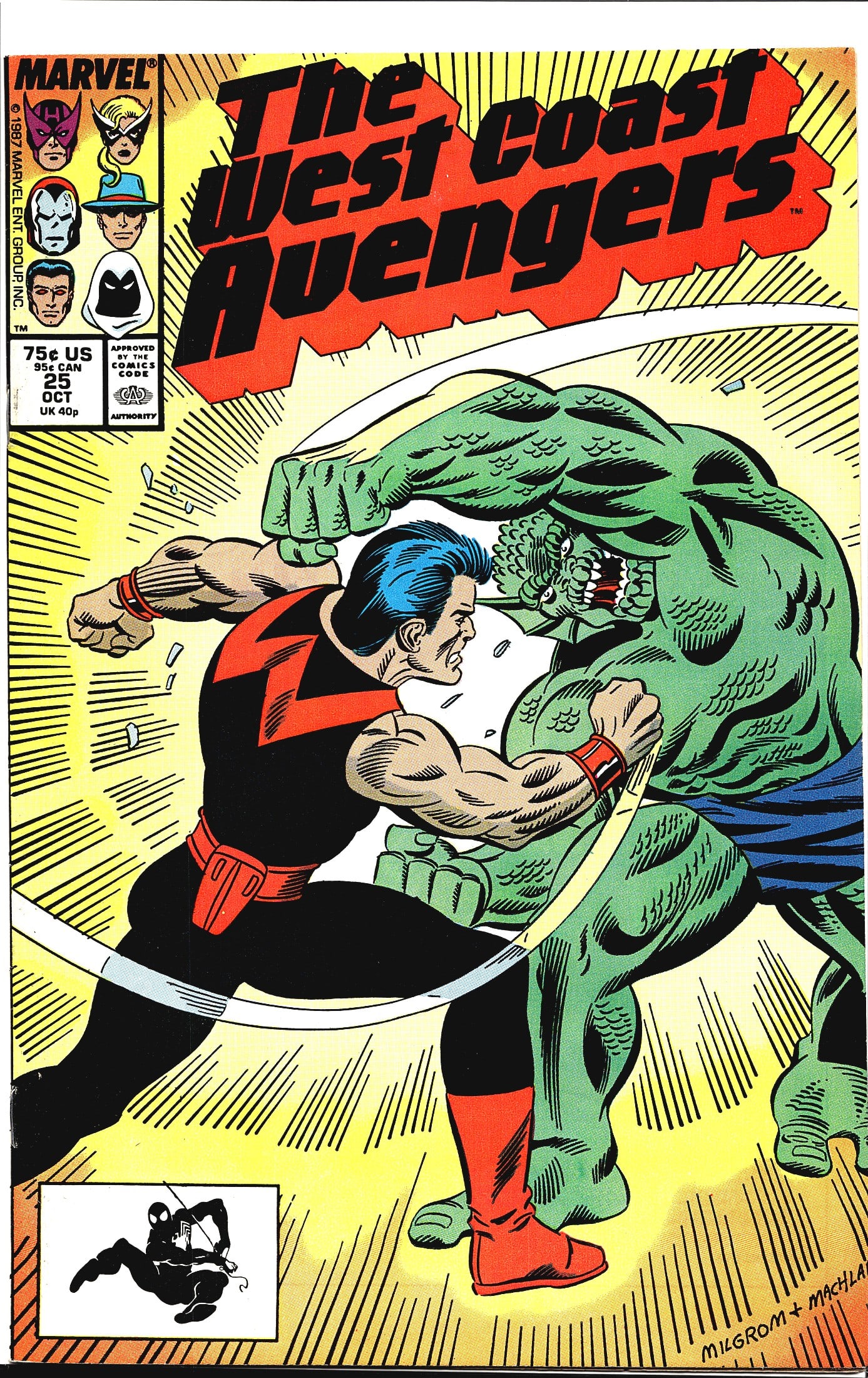 1987 Marvel West Coast Avengers #25 Comic Book: This is issue #25 of Marvel's West Coast Avengers, cover-dated October 1987, priced at 75 US / 95 CAN / 40p UK. The cover art, credited to Milgrom and Machlan, features a blue-haired hero in a black-a