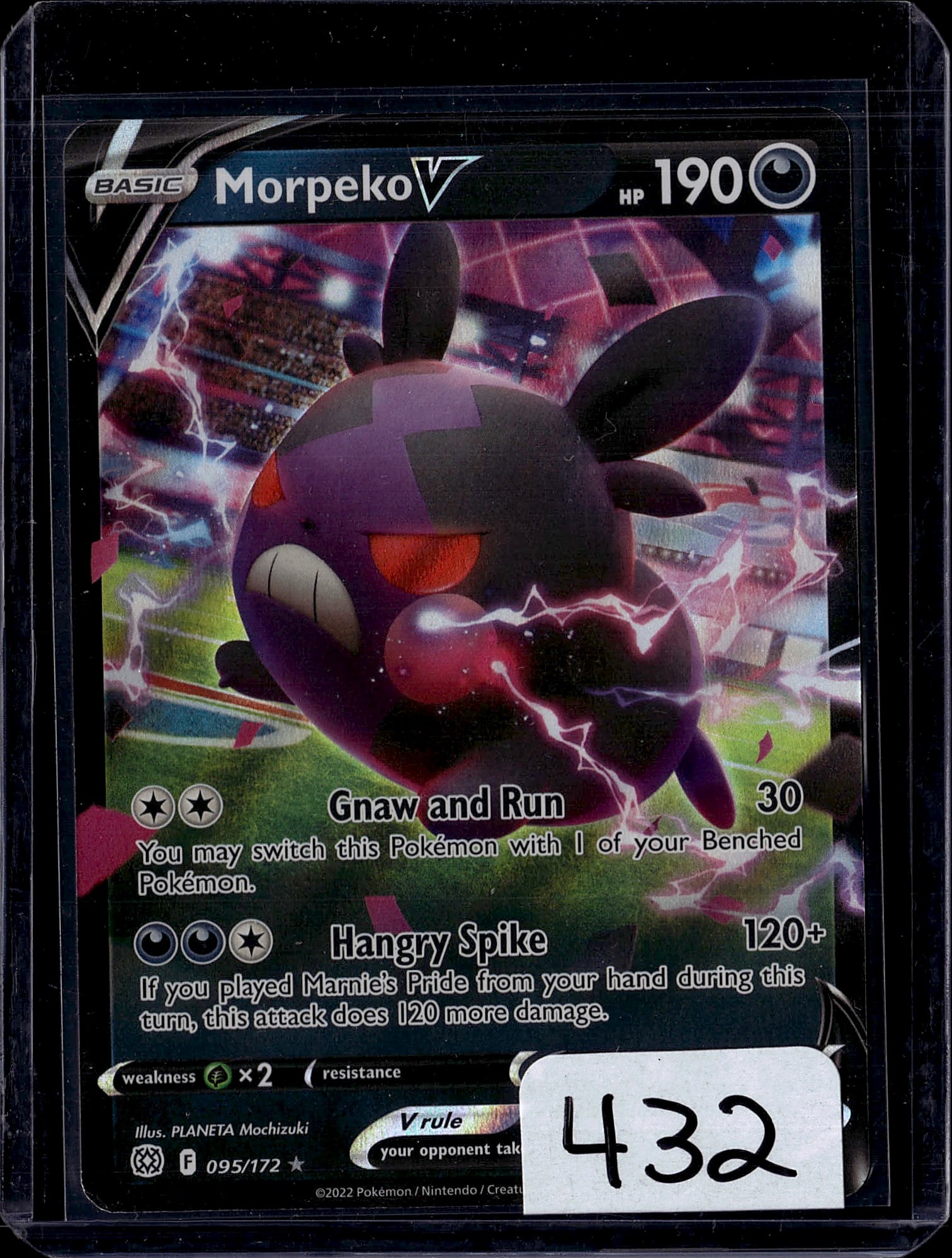 Morpeko V 095/172 Pokemon Card 2022 - HP 190: This is a Morpeko V Pokemon trading card from the 2022 Sword & Shield era expansion set, numbered 095/172. The card features vibrant artwork by PLANETA Mochizuki depicting Morpeko in its dynamic