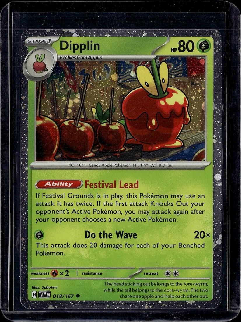 2024 Pokemon Scarlet Violet Twilight Masquerade: Dipplin is a Stage 1 Grass-type Uncommon card from the Scarlet & Violet-Twilight Masquerade expansion, released May 24, 2024. It features the Ability 'Festival Lead' and the attack 'Do the Wave