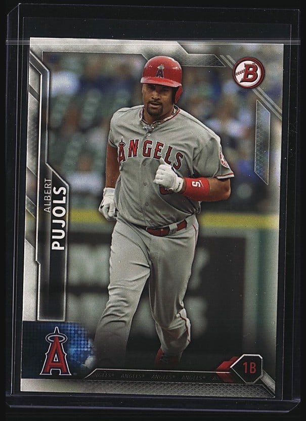 2016 Topps Bowman Albert Pujols #3 Baseball Card: This 2016 Topps Bowman #3 Albert Pujols baseball card is presented in Near Mint condition. The card features Pujols during his time as one of baseball's most prolific hitters, capturing him in the ico