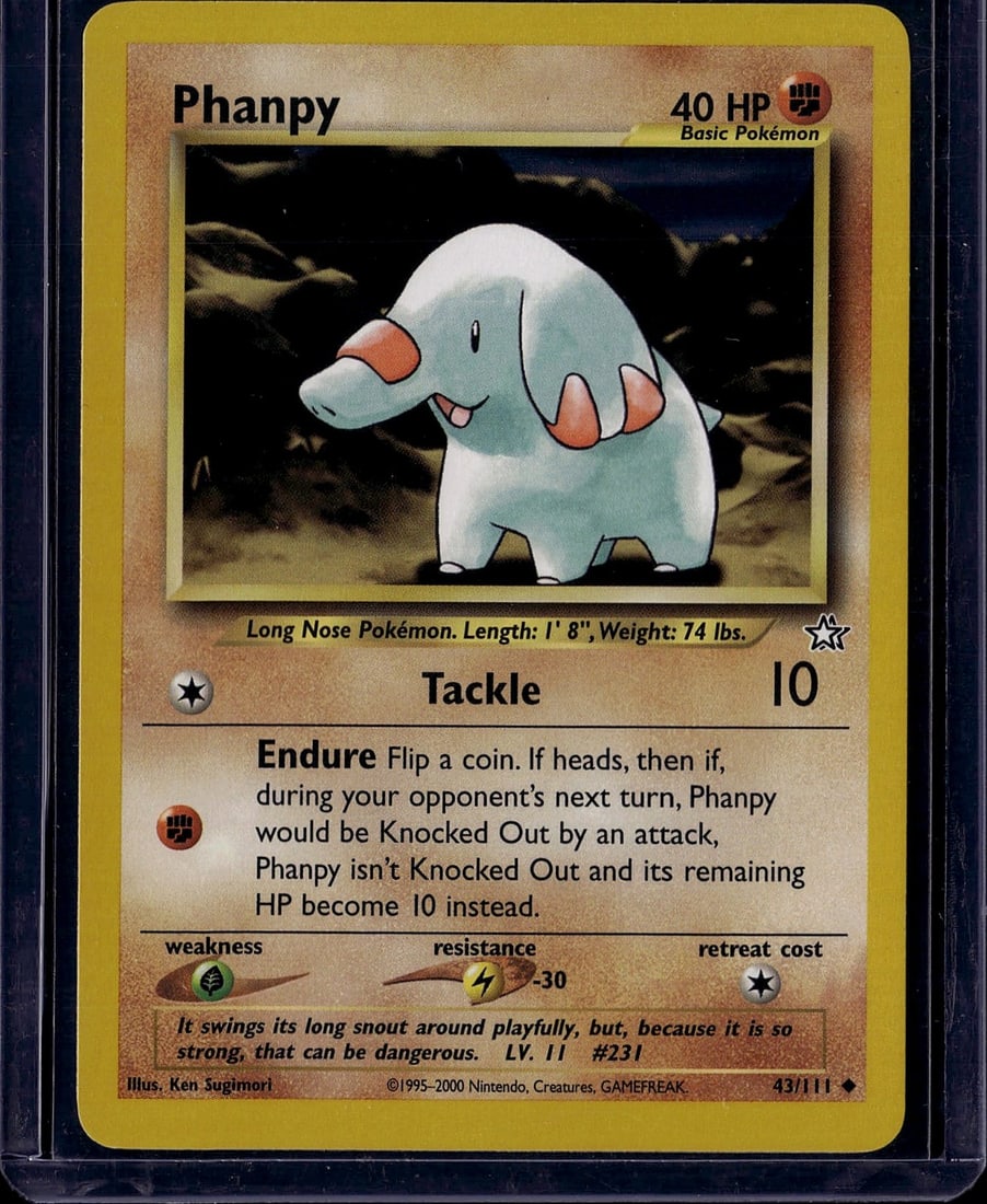 Phanpy Base Set 43/111 Pokemon Card 2000 Single: This is a raw Phanpy Pokemon card from the Base Set, card #43/111, released by The Pokemon Company in 2000. Phanpy is a Basic Fighting-type Pokemon with 40 HP, known as the "Long Nose Pokemon." The