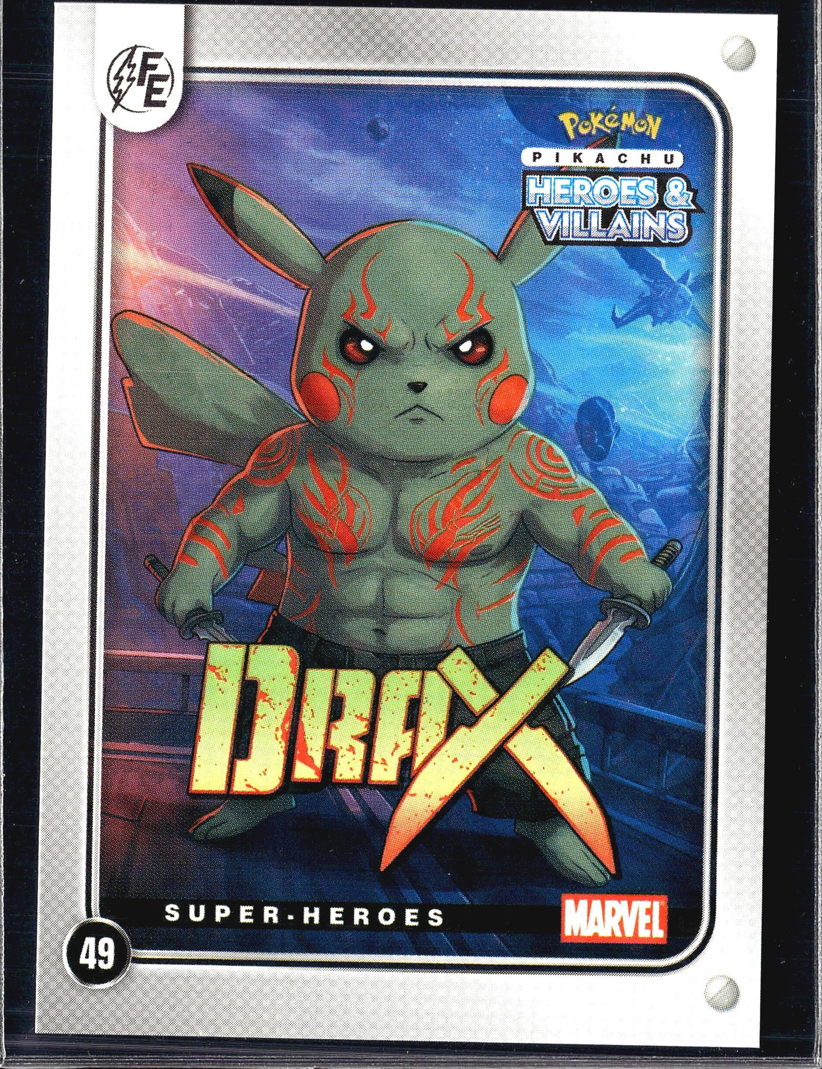 Pokemon Pikachu Heroes & Villains Card #49 Holo: This is a Pokemon trading card from the Pikachu Heroes & Villains series, card number 49. The card features a stylized Pikachu character with red markings and a muscular form, depicted as a Super