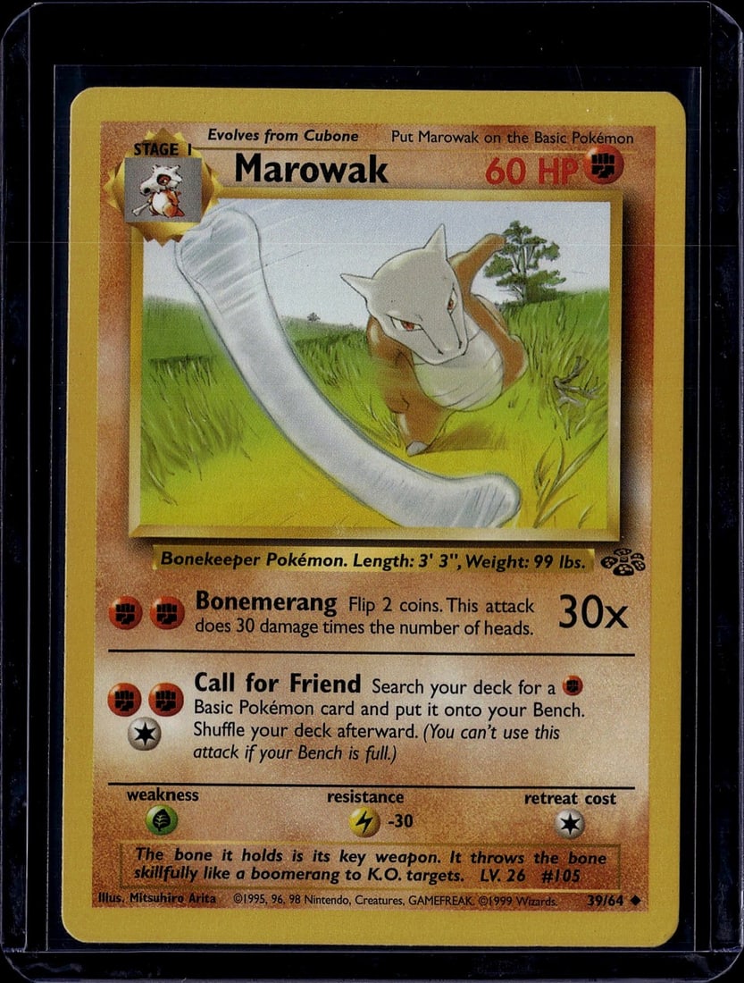 1999 Marowak Base Set 39/64 Pokemon Card - Stage: This is an original 1999 Marowak Pokemon trading card from the Base Set, card number 39/64. Marowak is a Stage 1 Bonekeeper Pokemon that evolves from Cubone, featuring the iconic bone-wielding design 