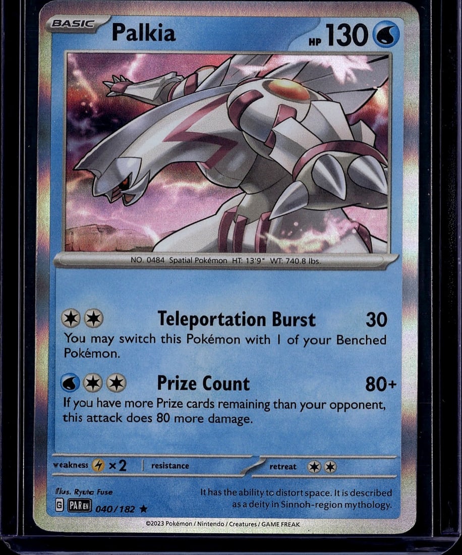 2023 Palkia Pokemon Scarlet Violet Paradox Rift: Palkia 040/182 is a Holo Rare Water-type card from the Scarlet & Violet-Paradox Rift expansion, released November 3, 2023. It features two attacks: Teleportation Burst and Prize Count. Paradox Rift