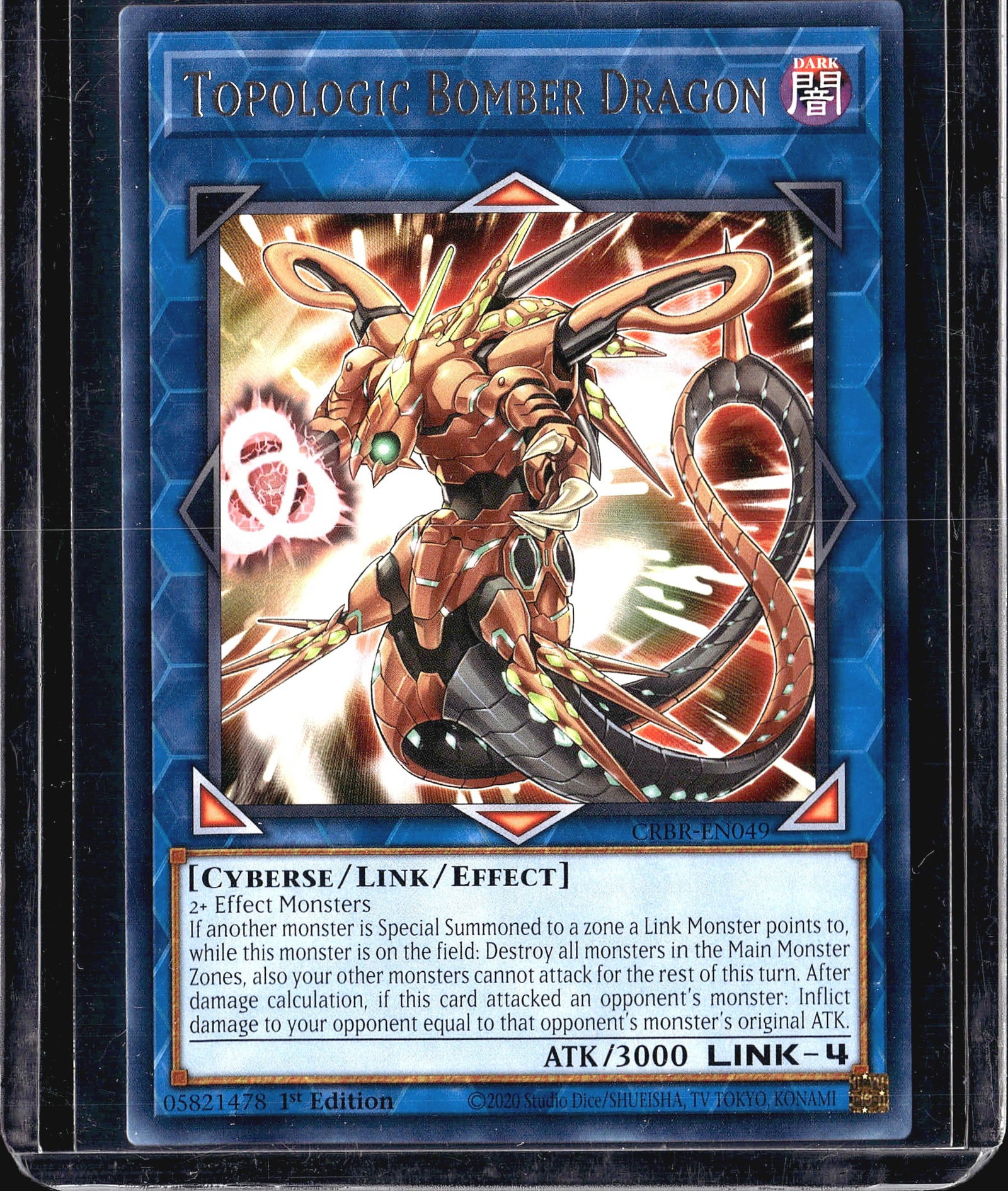 2020 Konami Yu-Gi-Oh Topologic Bomber Dragon: This listing features Topologic Bomber Dragon, card number CRBR-EN049 from the Yu-Gi-Oh! Circuit Break set, printed in 1st Edition. It is a DARK-attribute Cyberse/Link/Effect Monster with ATK 3000