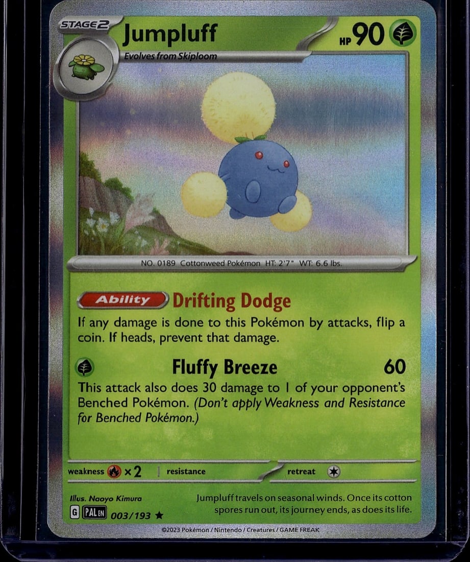 2023 Pokemon Scarlet Violet Paldea Evolved: Jumpluff 003/193 is a Holo Rare Stage 2 Grass-type Pokemon card from the Scarlet & Violet: Paldea Evolved set (SV02), released in 2023. It evolves from Skiploom and features the attack Fluffy Breeze.