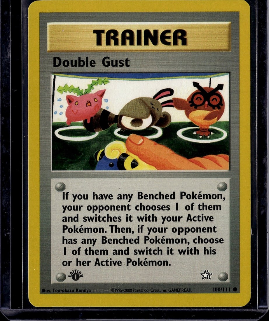 Double Gust Trainer Neo Genesis 100/111 Pokemon: This is an ungraded Pokemon Trading Card Game single from the Neo Genesis set, featuring the Trainer card "Double Gust" (Card #100/111). Published by The Pokemon Company and illustrated by Tomokazu