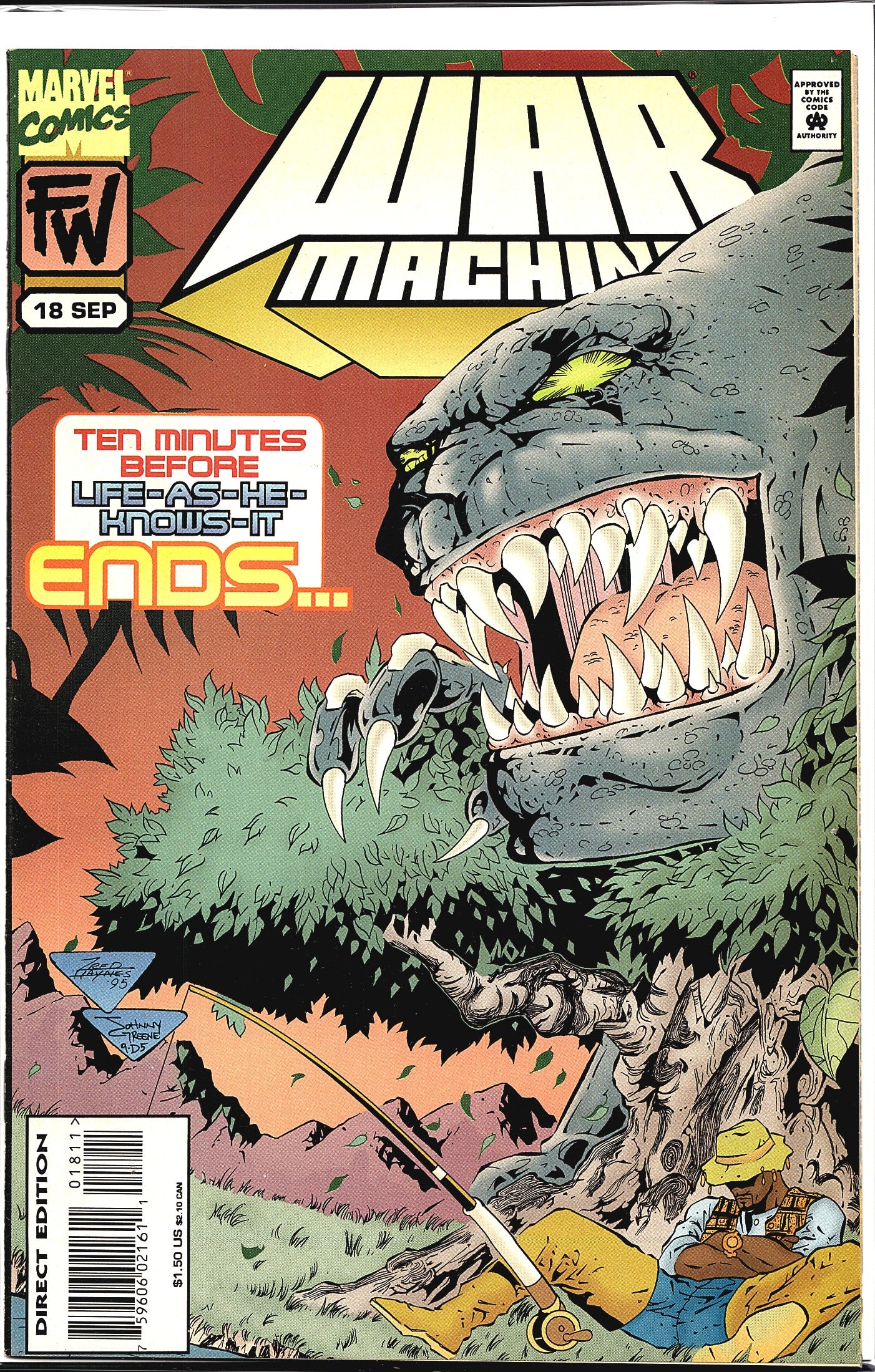 1995 Marvel Comics War Machine #18 Comic Book: This is issue #18 of Marvel Comics' War Machine series, cover-dated September 1995. The cover features a dramatic close-up of a massive creature - likely a large reptilian or dinosaur-type monster - w