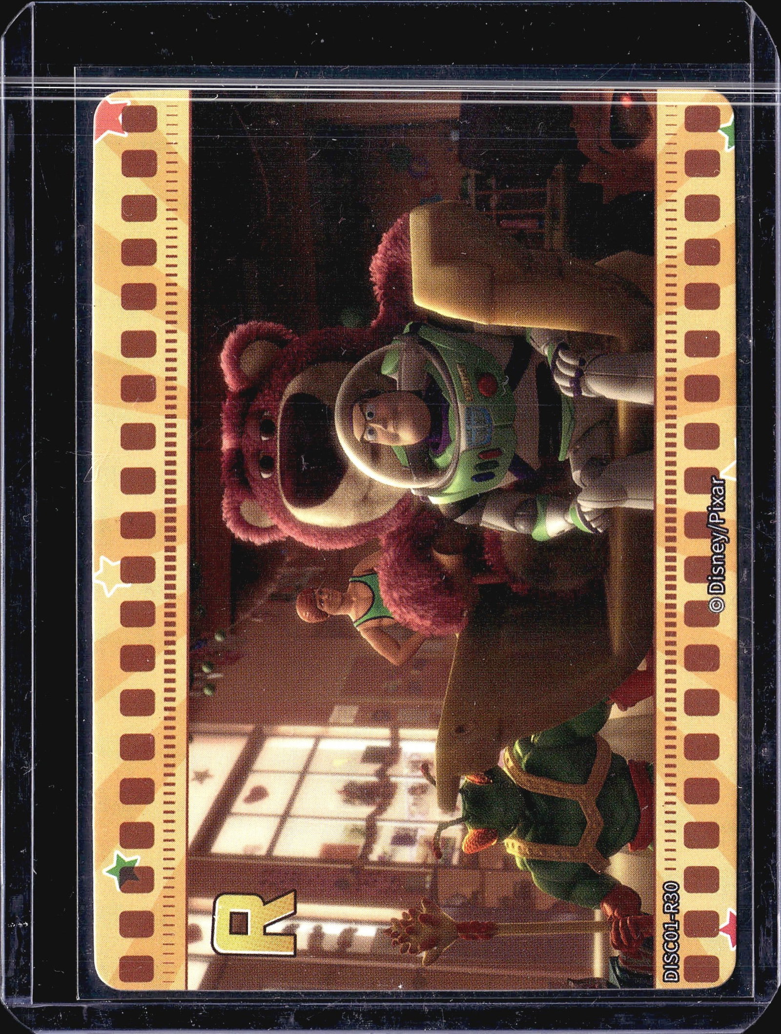 2023 Card Fun Disney 100 Series 1 Buzz Lightyear: This Disney/Pixar collectible trading card features Buzz Lightyear and Lotso from Toy Story, captured in a dramatic scene with the film's signature warm lighting. The card is numbered DISC01-R30 and