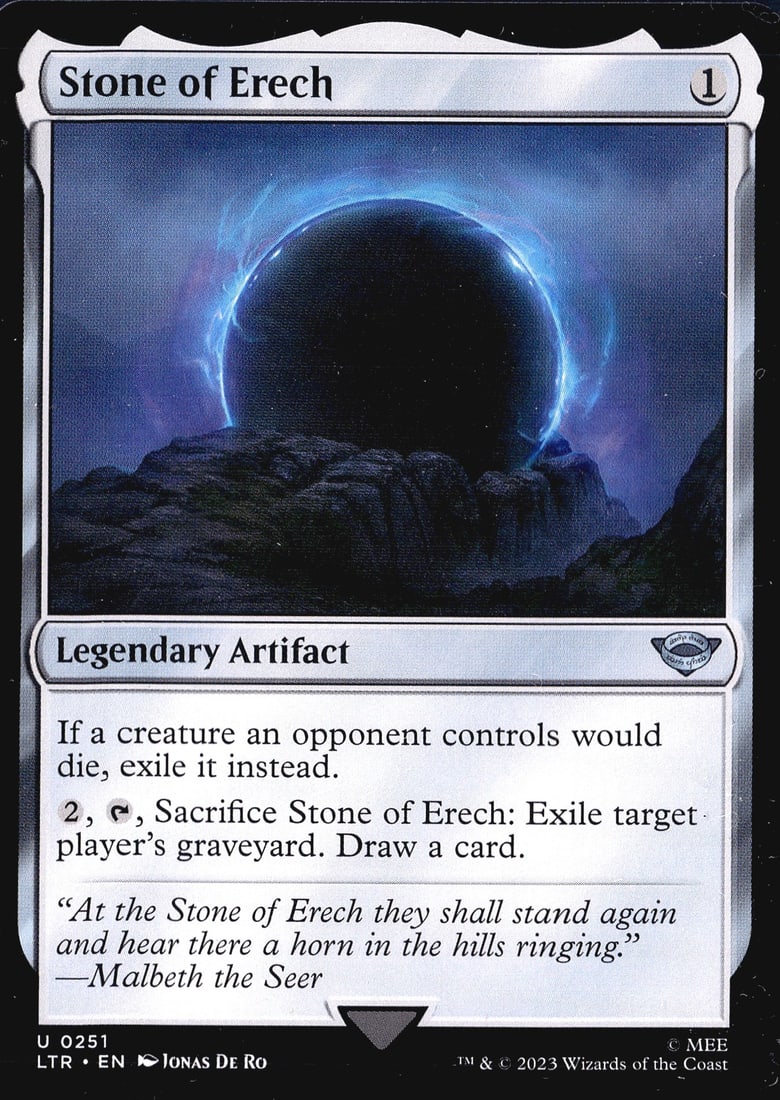2023 Wizards of the Coast Magic LOTR Tales of: This is the Stone of Erech (#251) from Magic: The Gathering's 2023 The Lord of the Rings: Tales of Middle-earth (LTR) set, illustrated by Jonas De Ro. It is an Uncommon Legendary Artifact with a