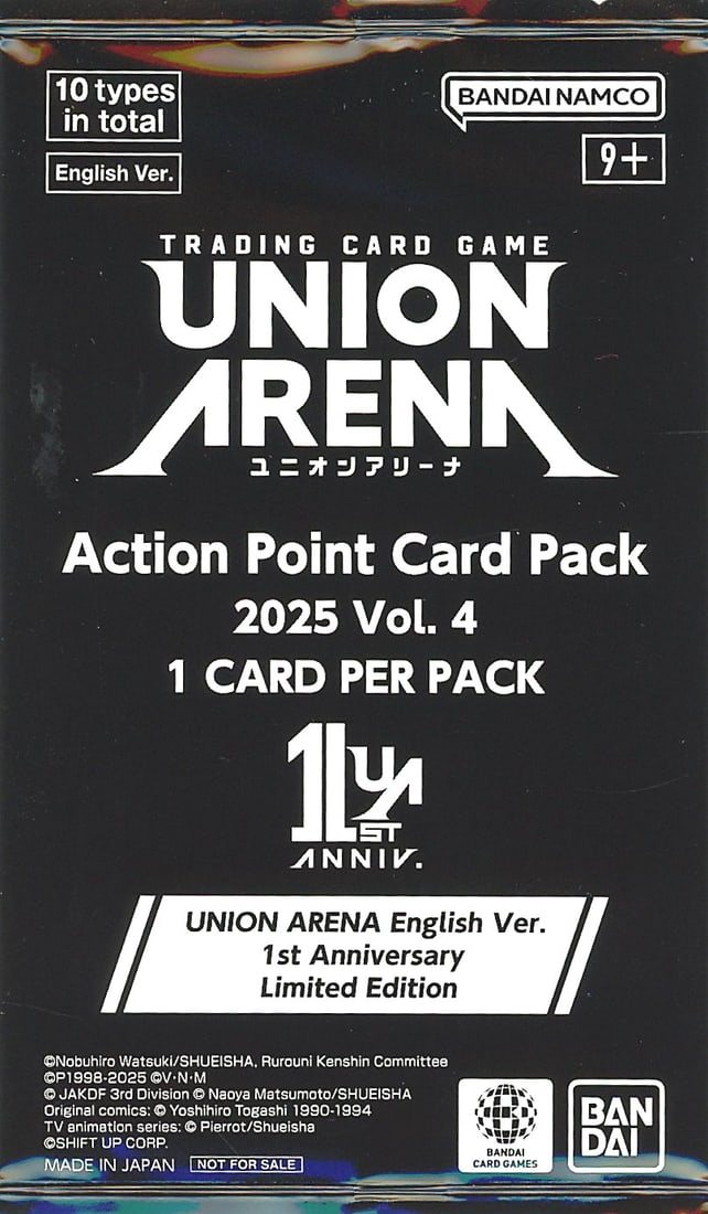 Union Arena Action Point Card Pack 2025 Vol. 4: This is an official Bandai Union Arena Action Point Card Pack from 2025 Volume 4, English version, celebrating the game's 1st Anniversary Limited Edition release. The pack contains 1 card and is part