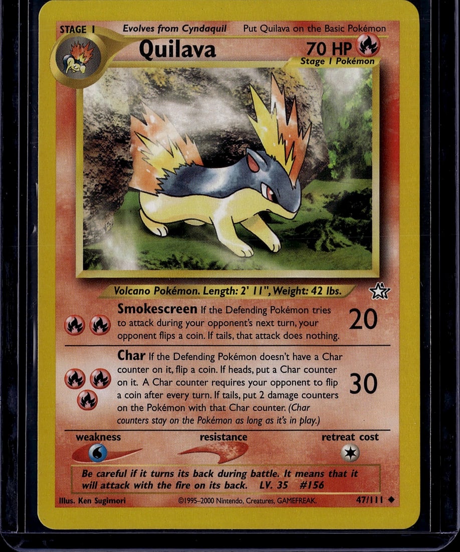 Quilava 47/111 Neo Genesis Pokemon Card Stage 1: This is an authentic Quilava Stage 1 Pokemon Trading Card from the Neo Genesis set, released in 2000. The card features stunning Ken Sugimori artwork depicting this fire-type volcano Pokemon with its