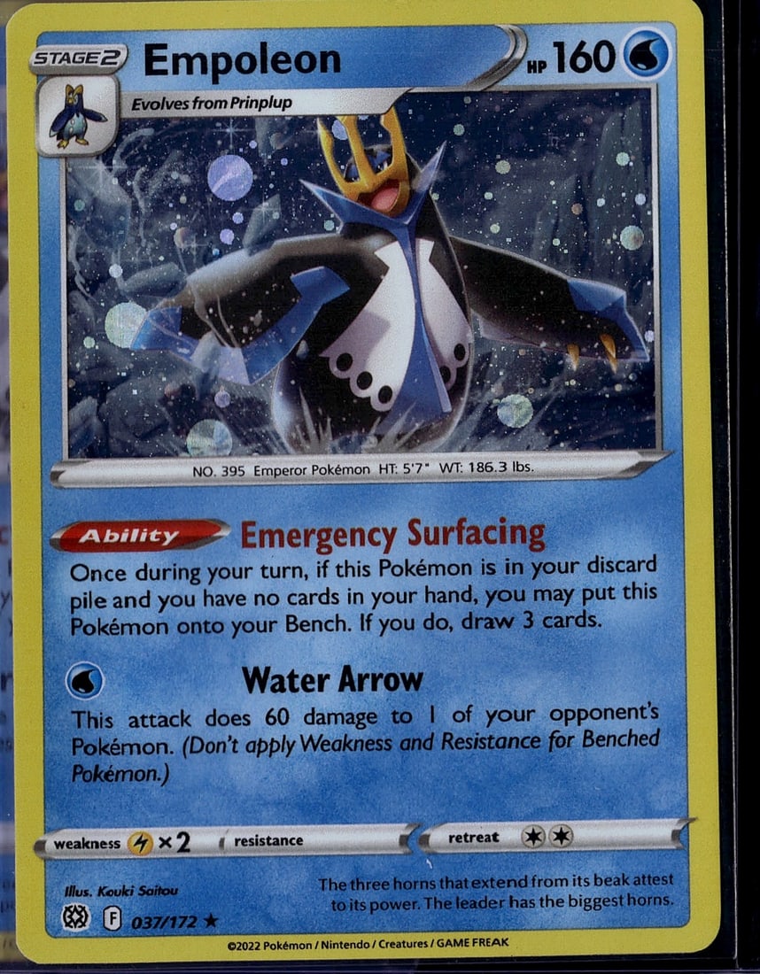 2022 Pokemon Sword Shield Brilliant Stars: Empoleon 037/172 is a Holo Rare Stage 2 Water-type Pokemon card with 160 HP from the Sword & Shield: Brilliant Stars expansion (SWSH09), released February 25, 2022. It features the Ability 'Emergency