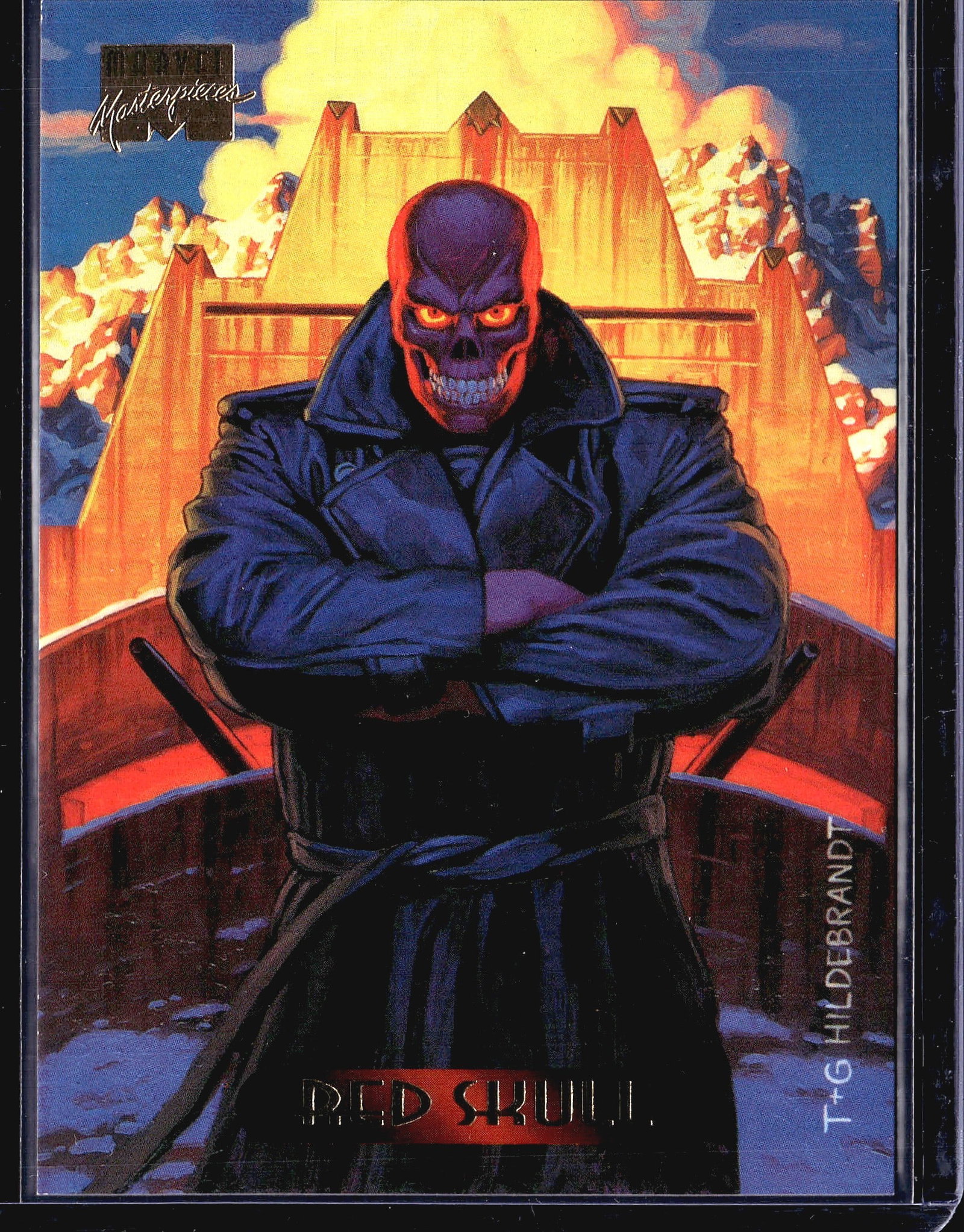 1994 Fleer Marvel Masterpieces Red Skull #99: This is card #99 from the 1994 Marvel Masterpieces trading card set, distributed by Fleer Corp and featuring the iconic Marvel villain Red Skull. The artwork was created by Greg and Tim Hildebrandt, r