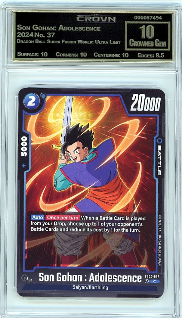 2024 Son Gohan: Adolescence #37 Crown 10 Crowned: This is a 2024 Son Gohan: Adolescence card #37 from the Dragon Ball Super Fusion World: Ultra Limit set. A highly sought collectible featuring one of Dragon Ball's most iconic characters during his