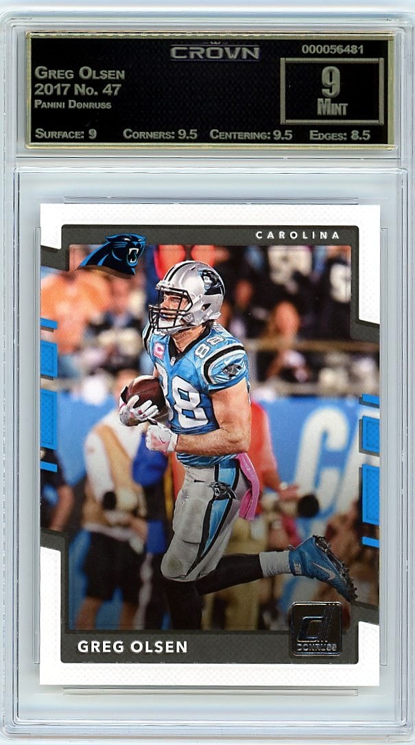 2017 Panini Donruss Greg Olsen #47 Crown 9 Mint: This is a 2017 Panini Donruss Greg Olsen card, number 47. It's a professionally graded sports trading card that captures Olsen during a significant year in his NFL career. The card features the