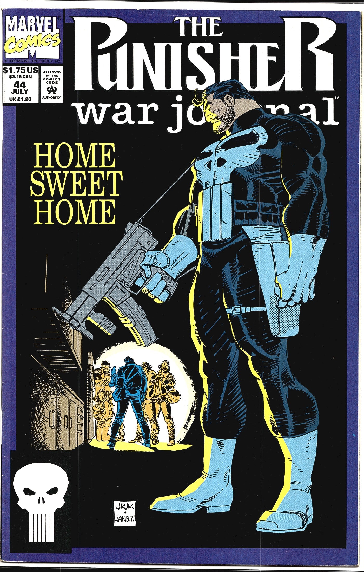 1992 Marvel The Punisher War Journal #44 Home: This is issue #44 of The Punisher War Journal published by Marvel Comics, dated July 1992. The cover features the iconic cover story title 'Home Sweet Home' and showcases the Punisher in his signature