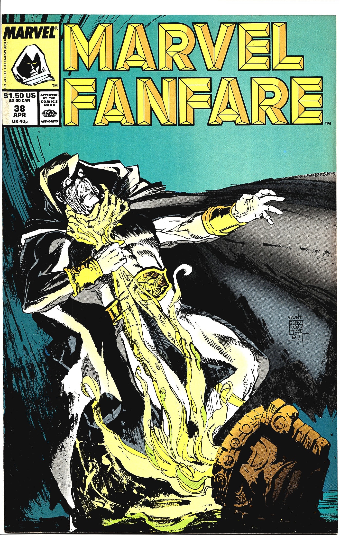 Marvel Fanfare 1988 #38 Marvel Comic Book: Marvel Fanfare #38, published by Marvel Comics, cover dated April 1988. This issue features a dramatic cover illustration depicting a caped figure in white and gold costume emanating glowing energy ef
