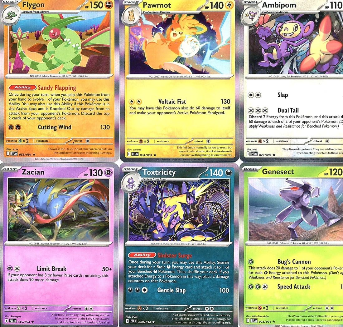6x Pokemon Scarlet Violet Raw Singles holo Lot: Lot of 6 raw Pokemon Trading Card Game singles from the Scarlet & Violet era. Includes: Flygon (Stage 2, Grass-type), Pawmot (Stage 1, Electric-type), Ambipom (Stage 1, Colorless-type), Zacian