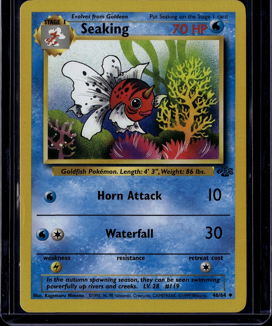 1999 Pokemon Base Set Seaking 46/64 Stage 1: This is a 1999 Pokemon Trading Card Game Base Set Seaking card, card number 46/64. Seaking is a Stage 1 Water-type Goldfish Pokemon that evolves from Goldeen, featuring artwork by Kagemaru Himeno.