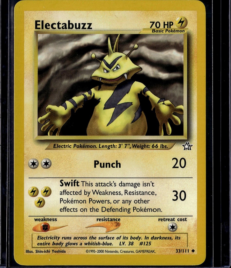Electabuzz 33/111 Base Set Pokemon Card: This is an ungraded Electabuzz Pokemon card from the Base Set, card number 33/111, originally released by The Pokemon Company in 2000. The card features the iconic electric-type Pokemon with 70 HP