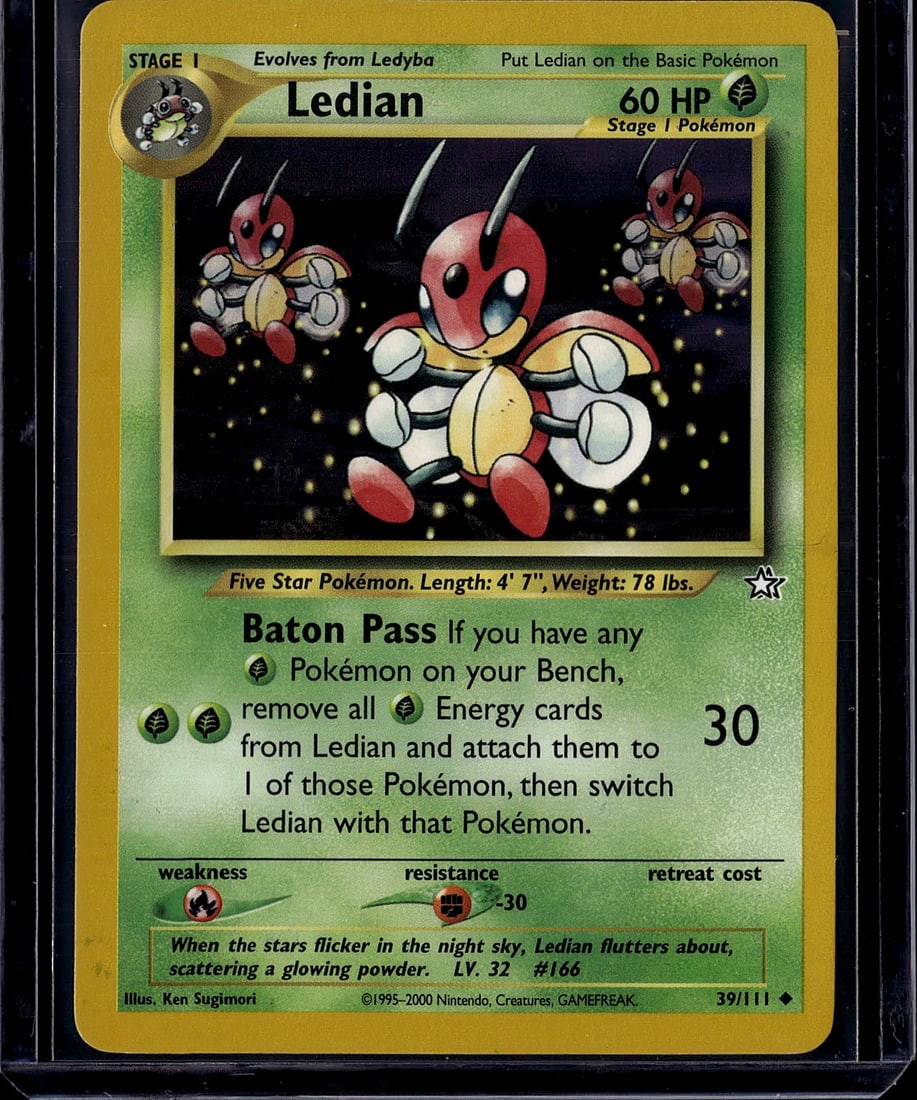 Ledian Neo Genesis 39/111 Stage 1 Pokemon Card: This is an authentic Ledian Pokemon card from the Neo Genesis set, released in 2000. Card number 39/111, this Stage 1 evolution card features Ledian with 60 HP and the iconic "Baton Pass" attack-a
