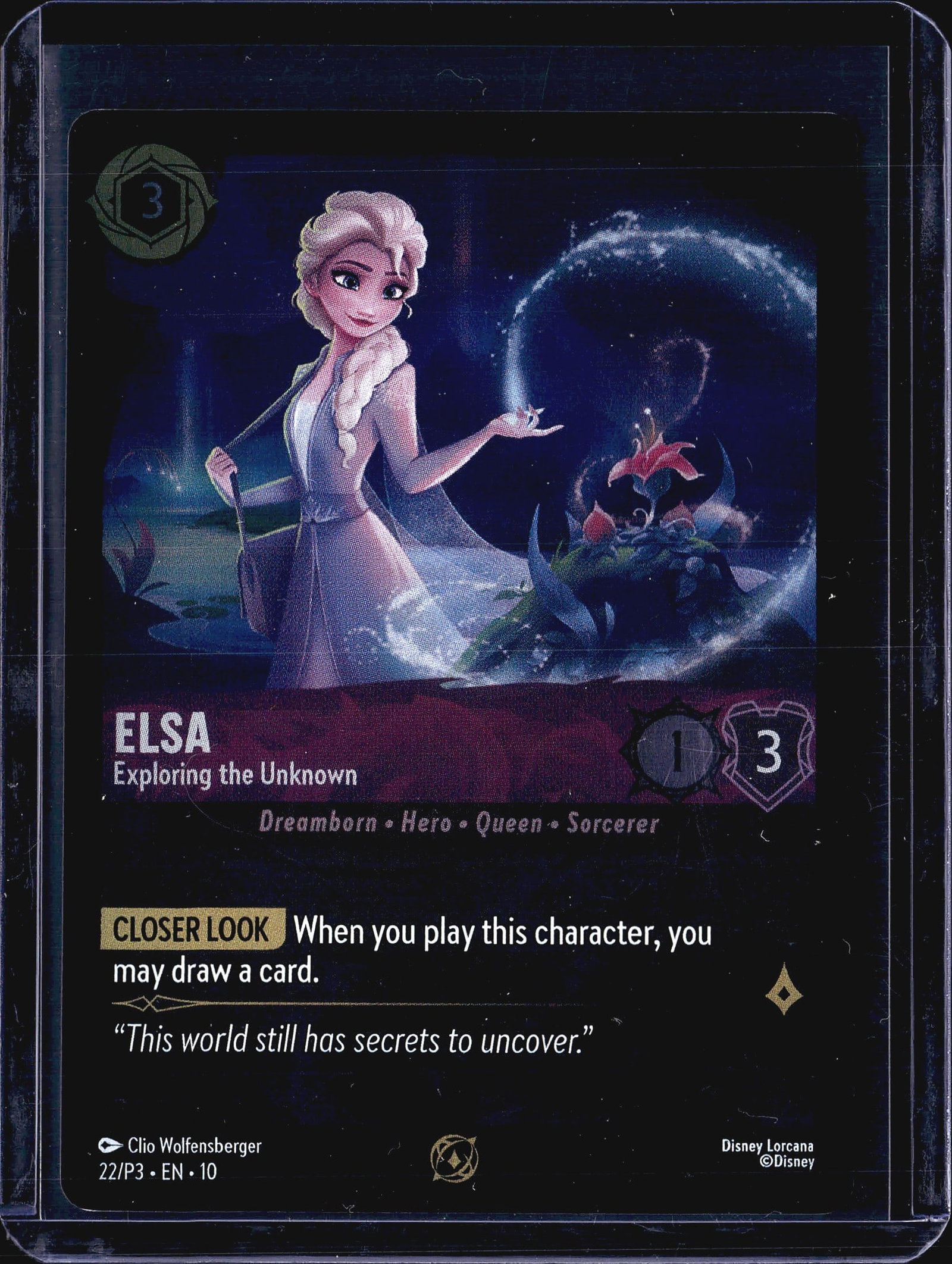 Disney Lorcana Elsa Exploring the Unknown 22/P3: This listing features Elsa - Exploring the Unknown, card number 22/P3 from a Disney Lorcana promotional set. The card carries the subtitle 'Exploring the Unknown' and belongs to the Emerald ink color
